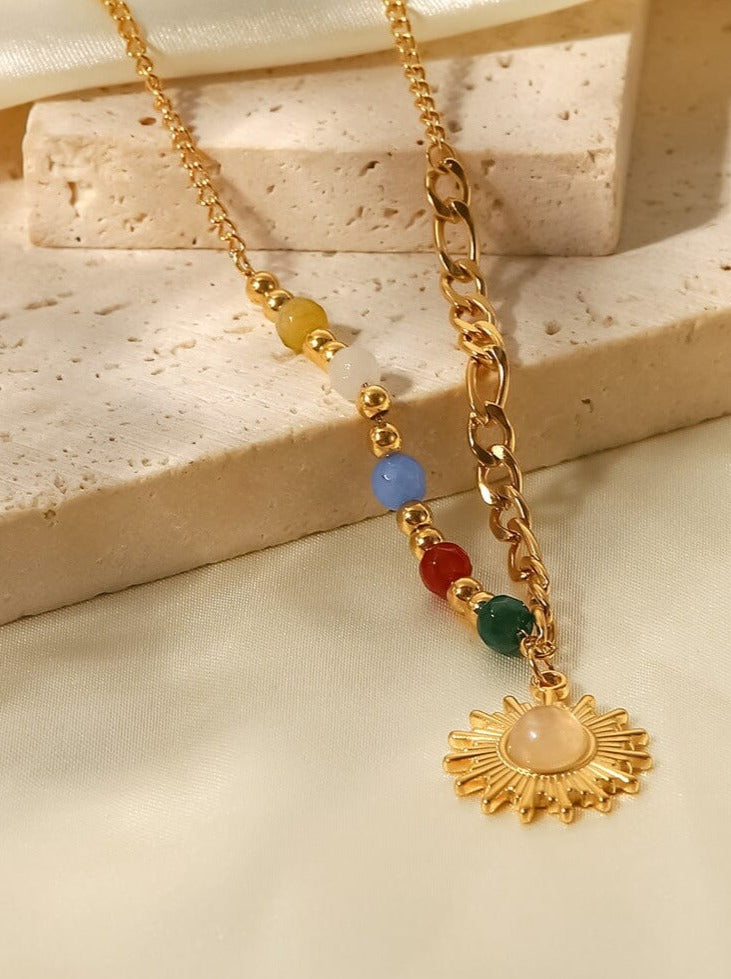 18K Gold Plated Natural Stone Opal Sun Pendant Colorful Stone Necklace PinchBox 